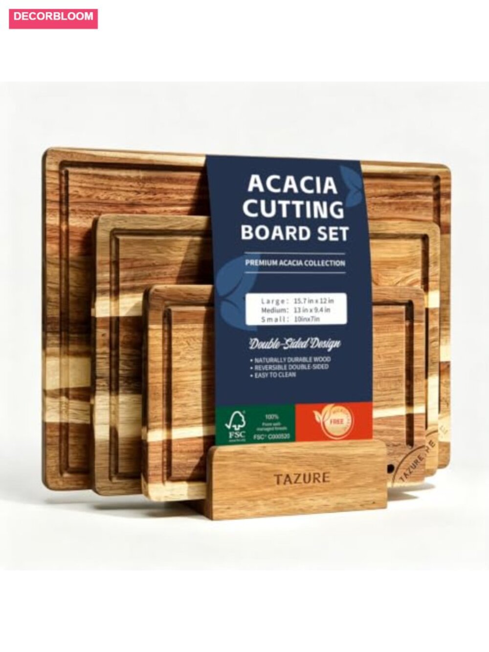 Acacia Wood Cutting Boards Set of 3 Double-Sided with Storage Stand